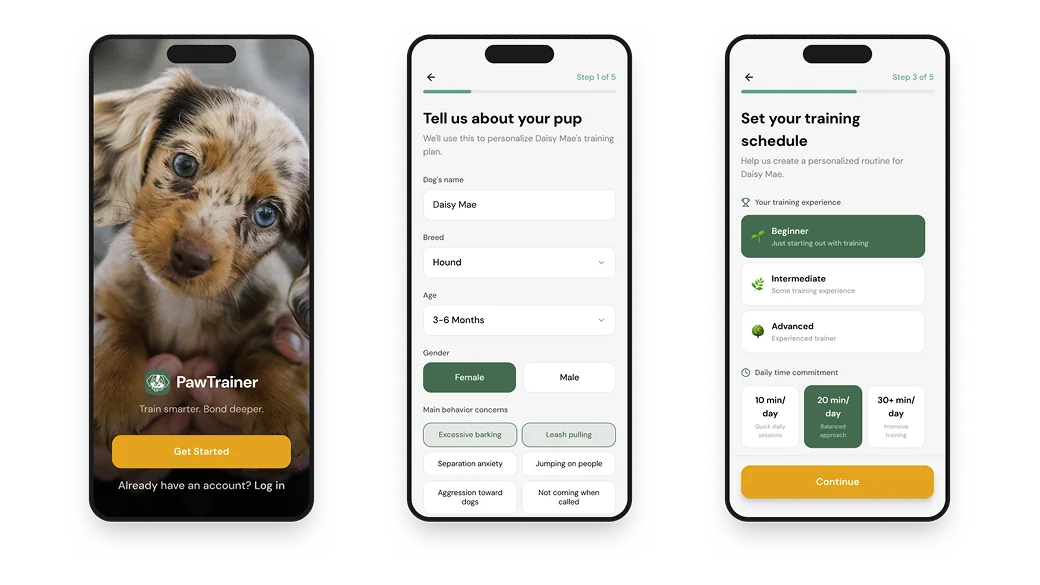 Three PawTrainer screens: the welcome screen with a puppy photo, the "Tell us about your pup" form, and the training schedule setup.