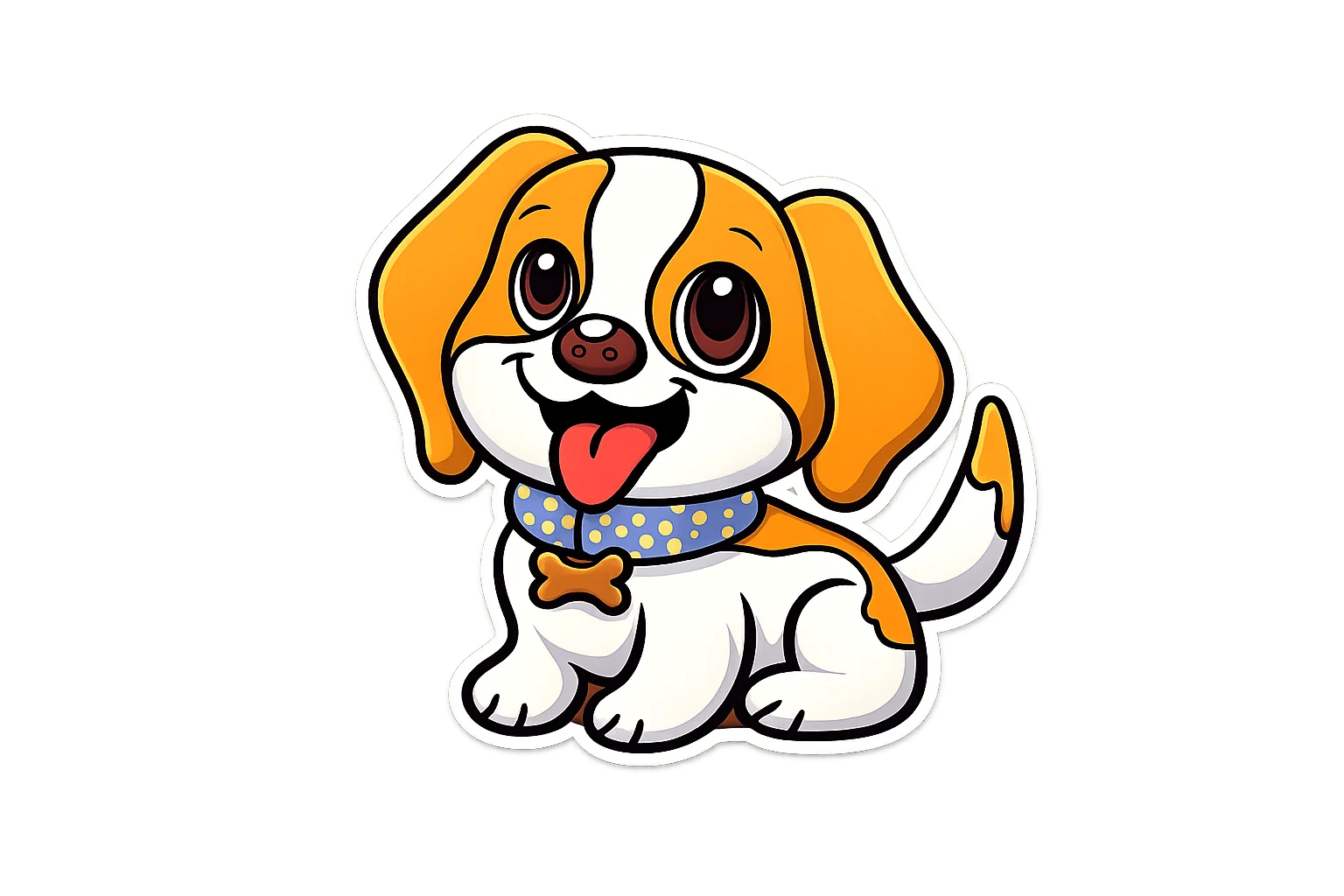 Scout, the PawTrainer AI training companion: a cartoon puppy with orange ears, a blue spotted collar and a bone-shaped tag.