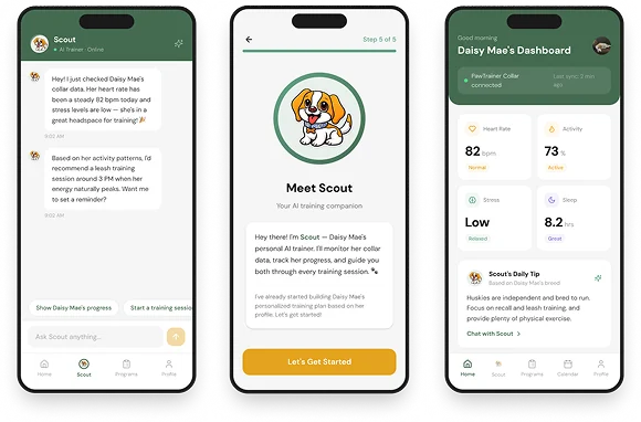 Three PawTrainer screens: Scout's chat offering collar-data insights, the Meet Scout introduction, and Daisy Mae's dashboard showing heart rate, activity, stress and sleep.